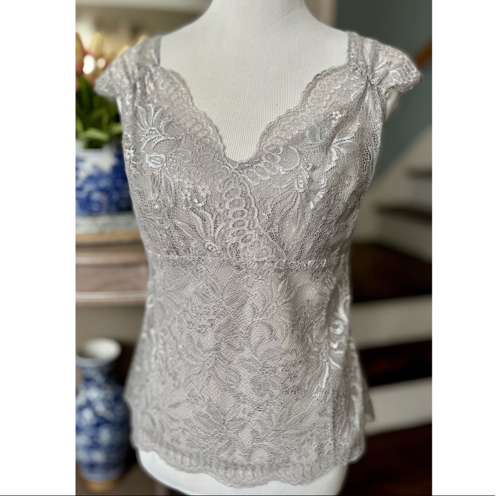 Ann Taylor Loft metallic silver lace top with built in camisole. Sz 4